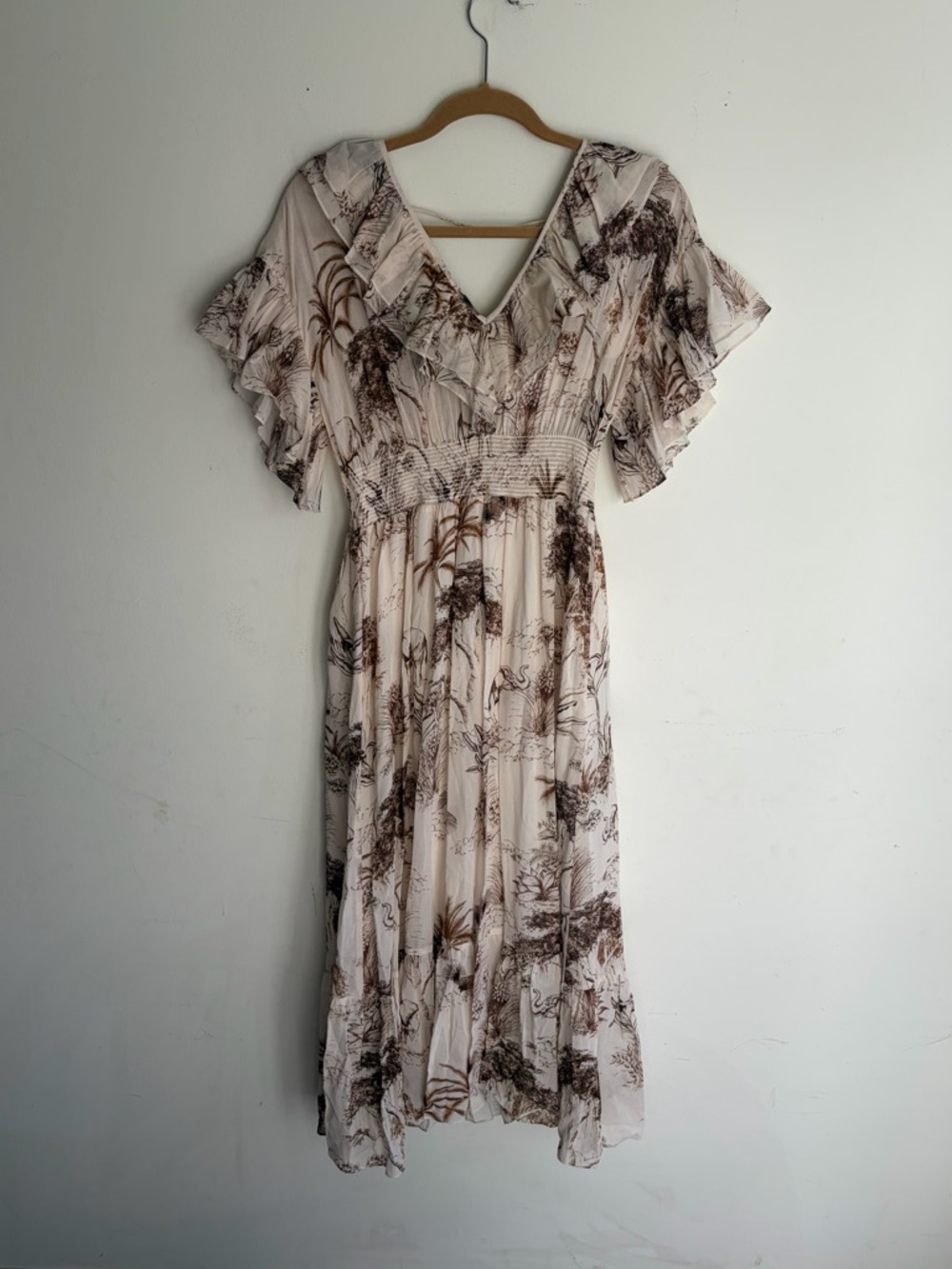 NWT! SANDRO Natural Marro Ruffled Elephant Tree Print Gauze Midi Dress Size S - Picture 3 of 7